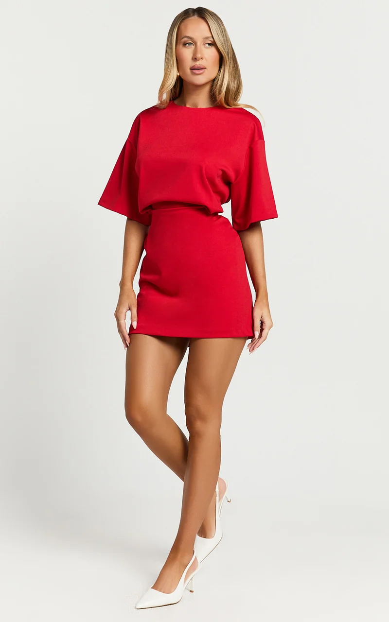Karyna Mini Dress - Short Sleeve Boxy T-shirt Dress in Red