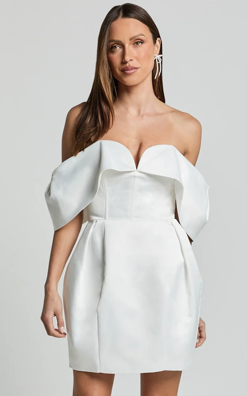 Demelza Mini Dress - V Bar Off Shoulder Satin Dress in Ivory