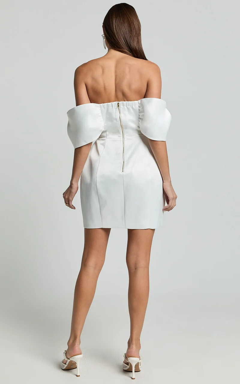 Demelza Mini Dress - V Bar Off Shoulder Satin Dress in Ivory