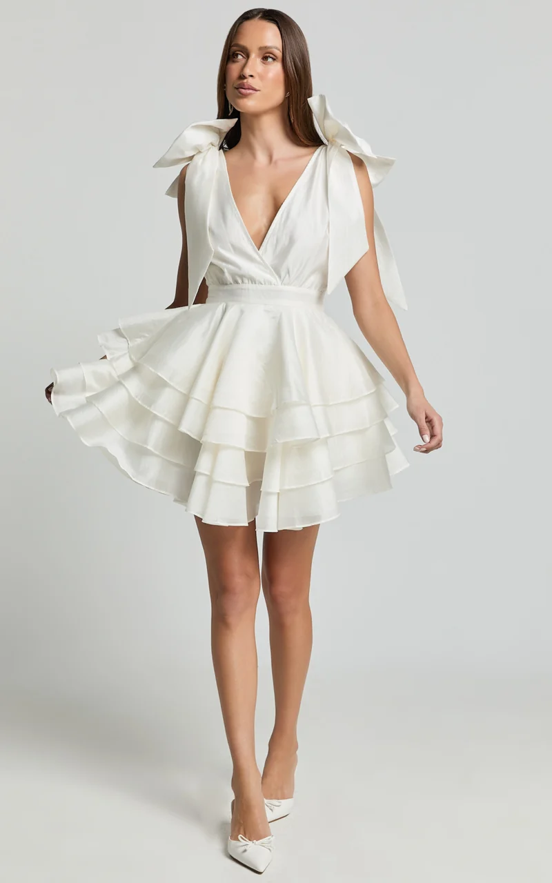 Roxanne Mini Dress - Shoulder Tie Plunge Ruffle Dress in White