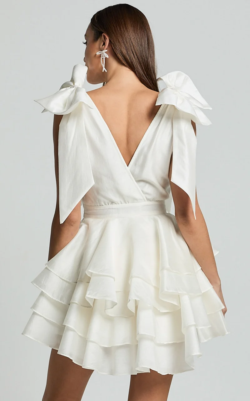 Roxanne Mini Dress - Shoulder Tie Plunge Ruffle Dress in White