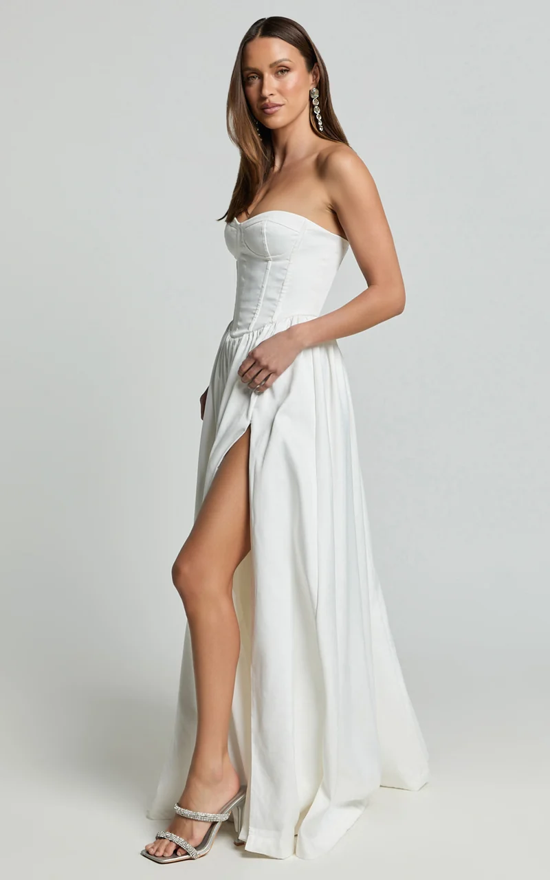 Vivian Maxi Dress - Strapless Corset Front Split Dress in Ivory