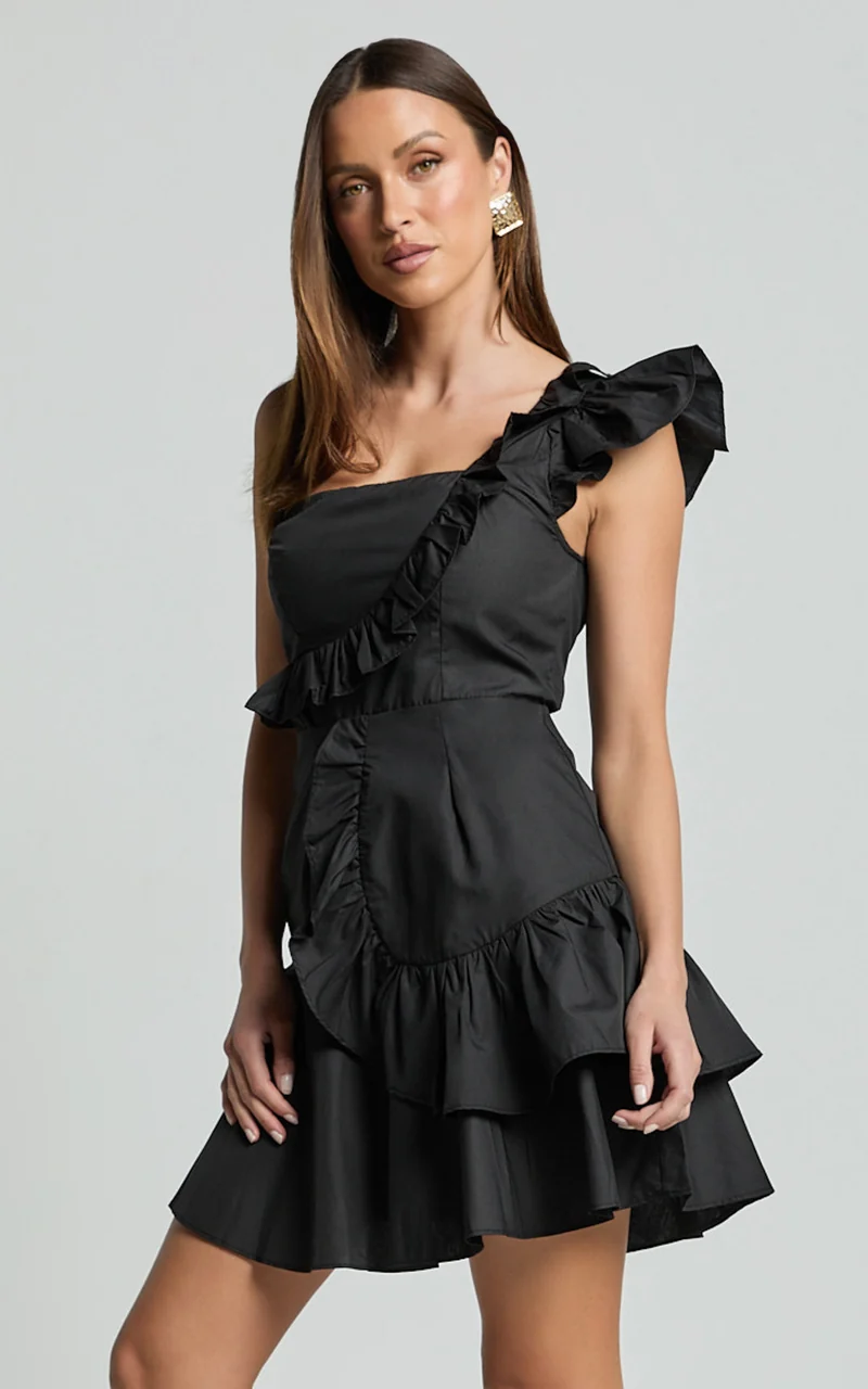 Valerie Mini Dress - One Shoulder Ruffle Detail A Line Dress in Black