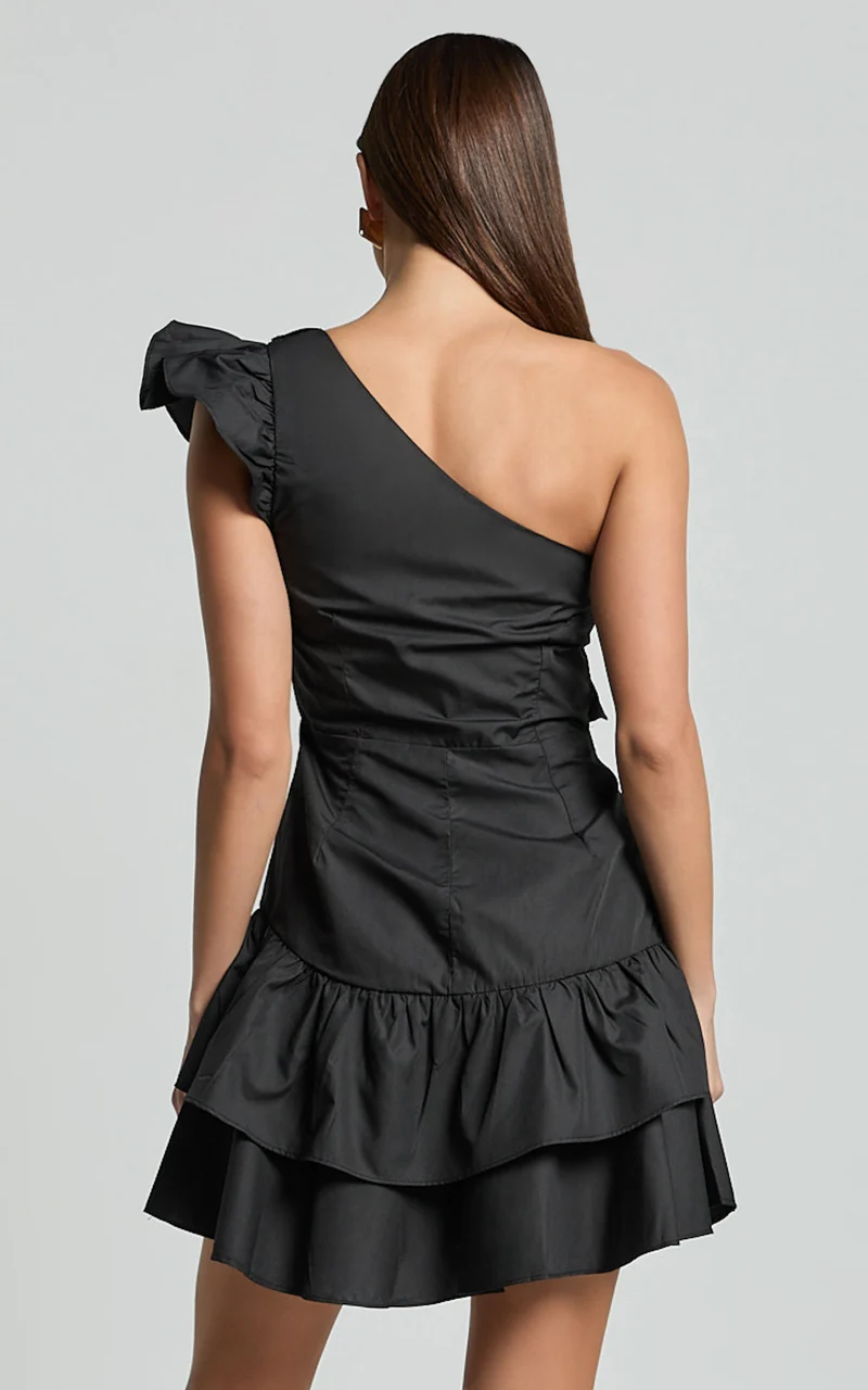 Valerie Mini Dress - One Shoulder Ruffle Detail A Line Dress in Black