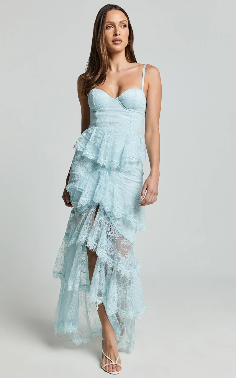 Merrick Maxi Dress - Sweetheart Corset Front Tiered Maxi Dress in Ice Blue