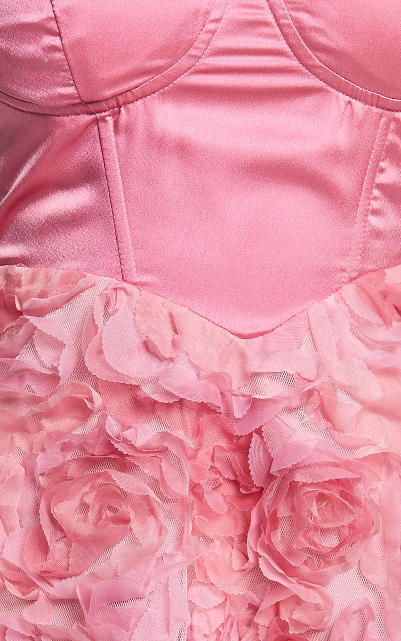 Jovi Mini Dress - Sweetheart Embroidery Rosette Detail Dress in Pink