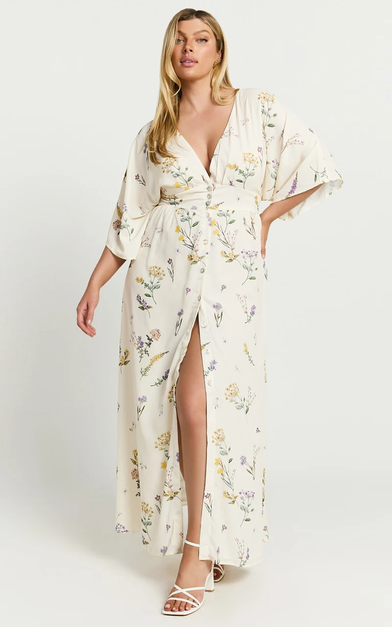 Inka Midi Dress - Short Sleeve Button Down Dress in Botanical Floral