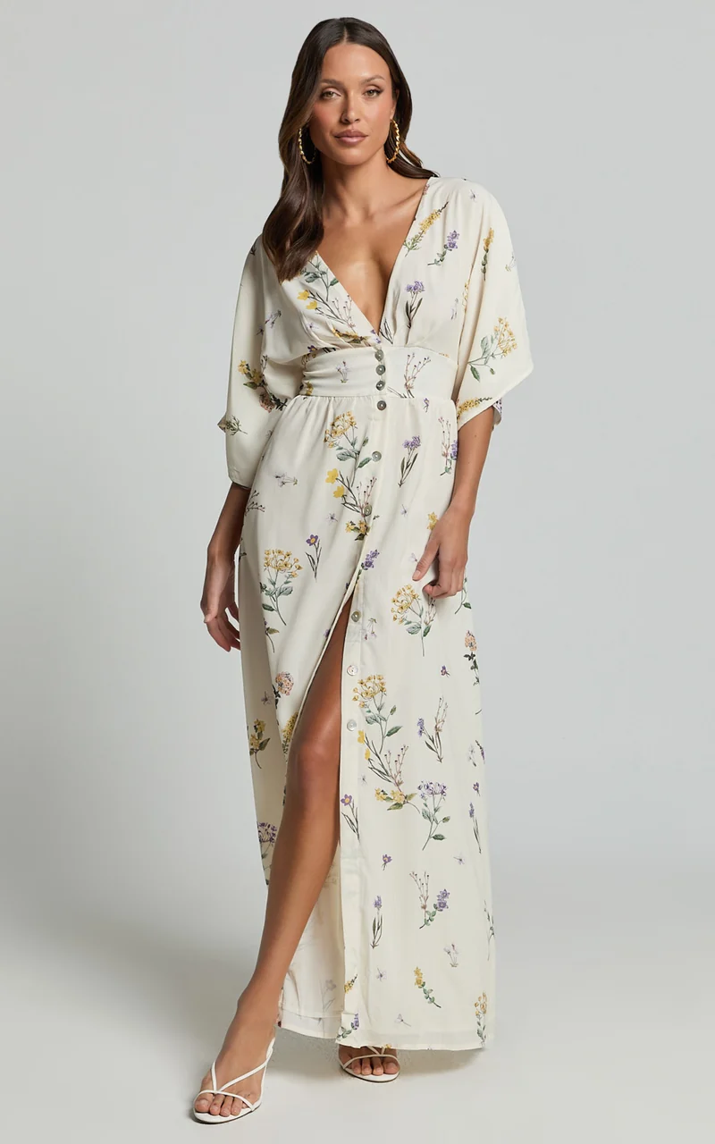 Inka Midi Dress - Short Sleeve Button Down Dress in Botanical Floral