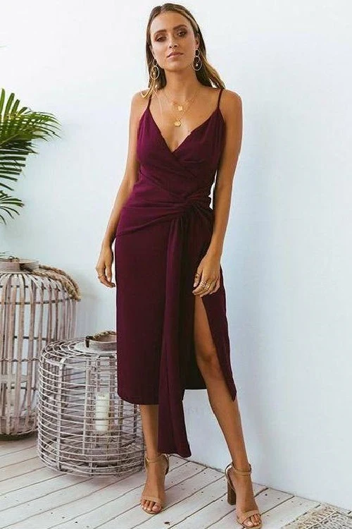 Robe fourreau longueur thé bordeaux, semi-formelle, robe de bal d'été