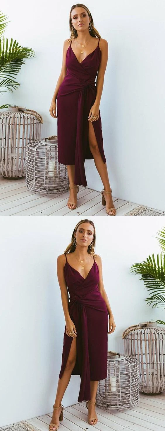 Robe fourreau longueur thé bordeaux, semi-formelle, robe de bal d'été