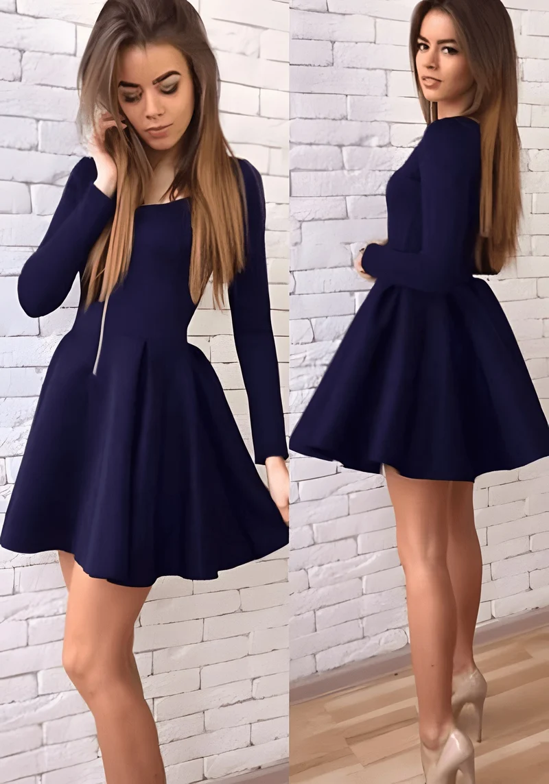 Mini robe de bal courte modeste à manches longues bleu marine de moins de 100 ans