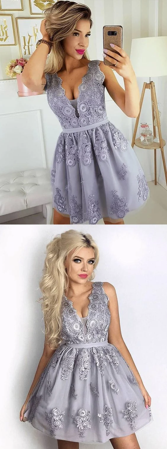 Mini robe de bal courte en dentelle grise pour adolescents | Robes de danse pour collège, 8e année