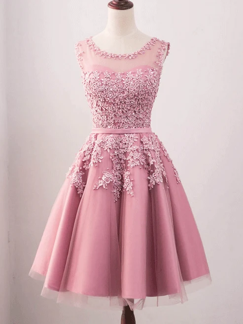 Vintage bijou cou rose dentelle Appliques Occasion robe modeste courte robe de bal