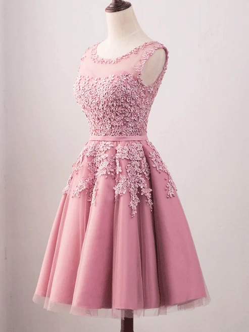 Vintage bijou cou rose dentelle Appliques Occasion robe modeste courte robe de bal