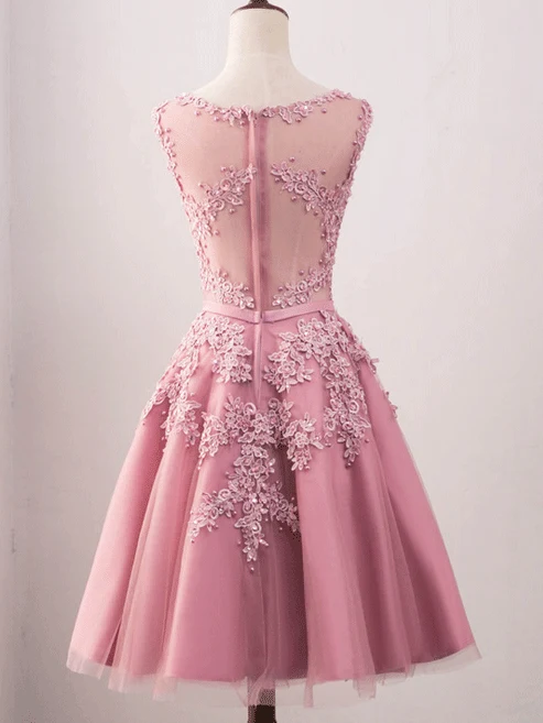 Vintage bijou cou rose dentelle Appliques Occasion robe modeste courte robe de bal