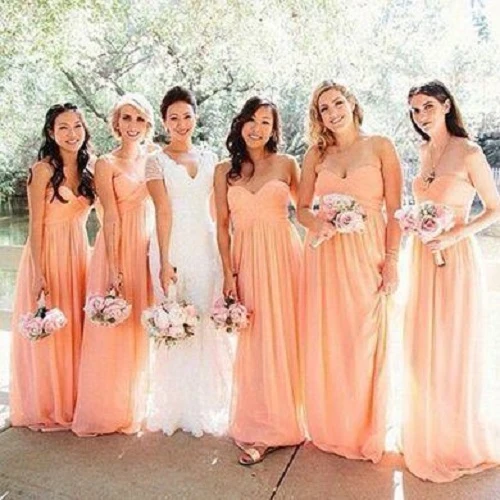 Automne Blush rose sans bretelles en mousseline de soie robes de demoiselle d'honneur longue