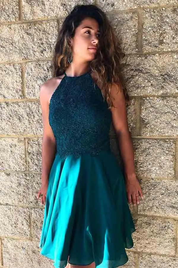 Mini robe de bal courte en dentelle vert sarcelle, col licou, robe de bal, douce 16, GDC1309