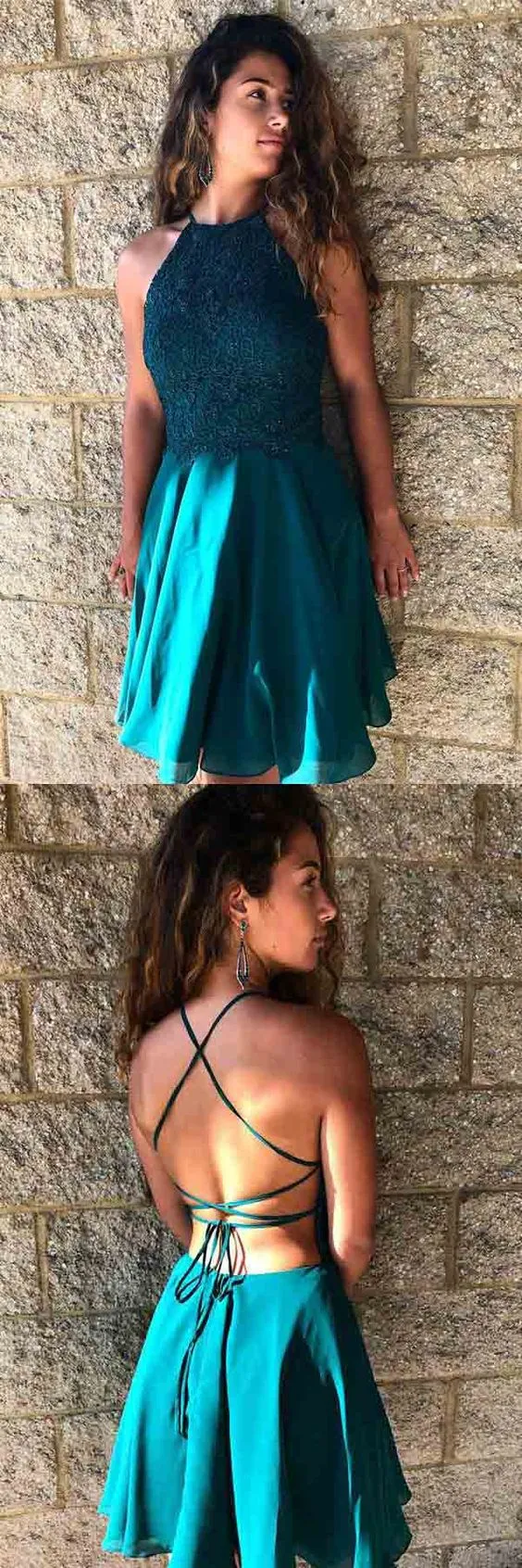 Mini robe de bal courte en dentelle vert sarcelle, col licou, robe de bal, douce 16, GDC1309