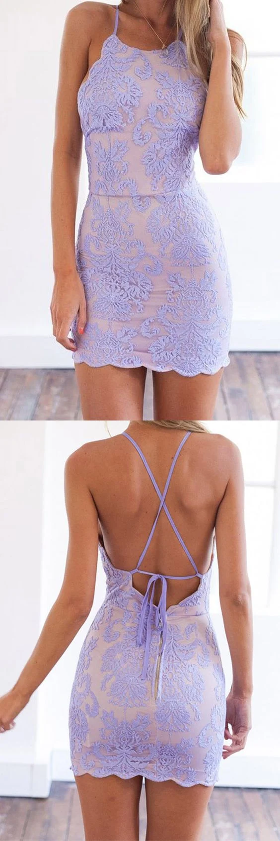 Mini robe semi-formelle serrée lavande, robe de bal courte dos nu