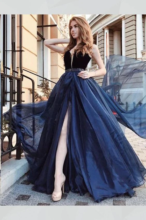 Robe de bal en organza fendue bleu marine, robe de remise de diplôme avec ceinture à perles
