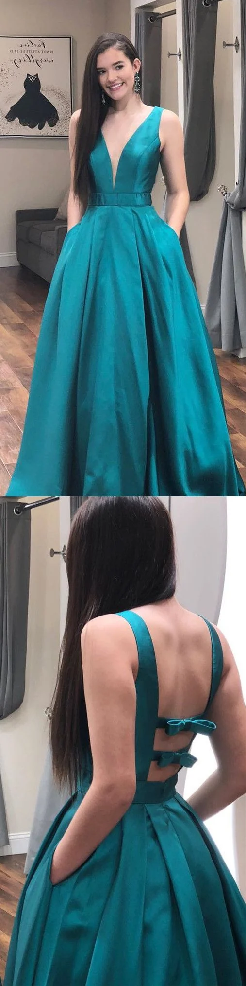 Robe de bal longue bleu sarcelle, décolleté en V, avec nœuds au dos, robe formelle, GDC1298