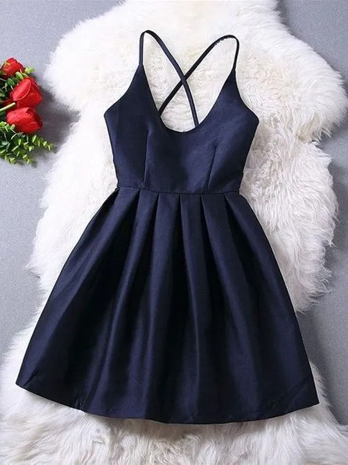 Robe semi-formelle bleu marine, col rond, bretelles croisées, robe de bal courte, GDC1290