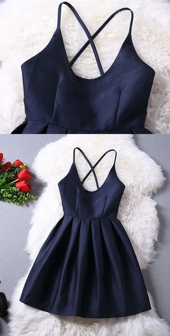 Robe semi-formelle bleu marine, col rond, bretelles croisées, robe de bal courte, GDC1290