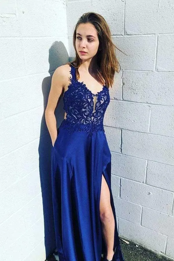 Voir à travers la robe de bal dos nu en dentelle fendue sur le côté bleu royal robe semi-formelle bleue