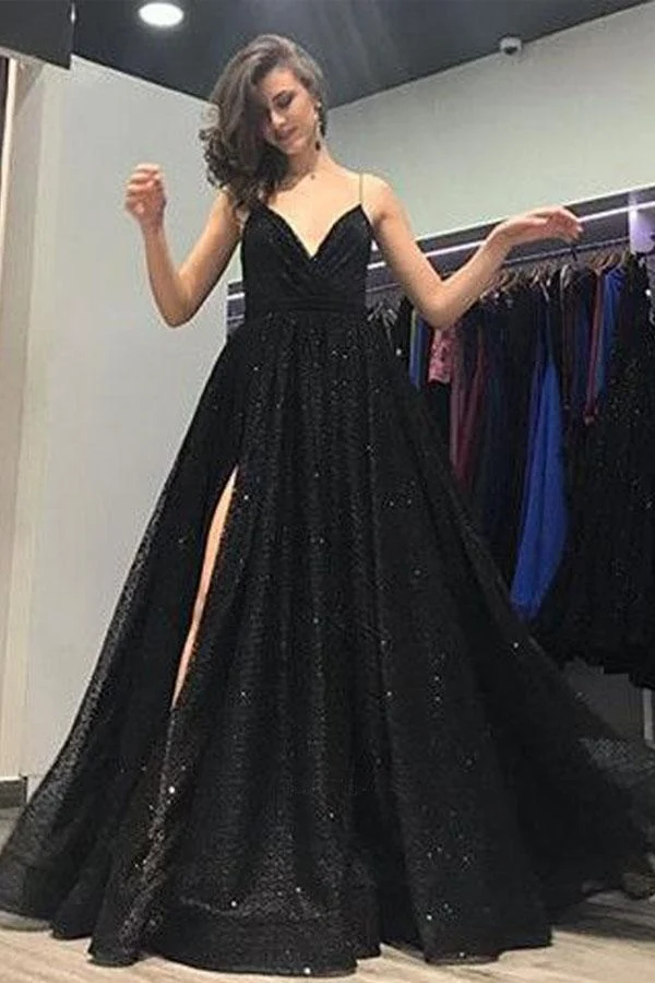 Robe de bal noire longue à bretelles Spaghetti, fente latérale, robe formelle de 8e année