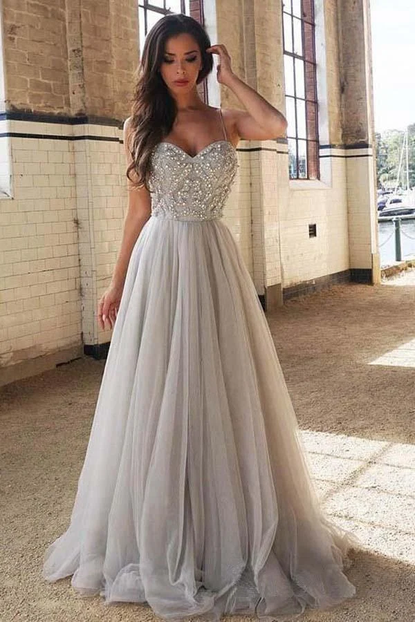 Robe de bal trapèze en tulle à perles scintillantes gris argenté pâle | Robe de remise des diplômes