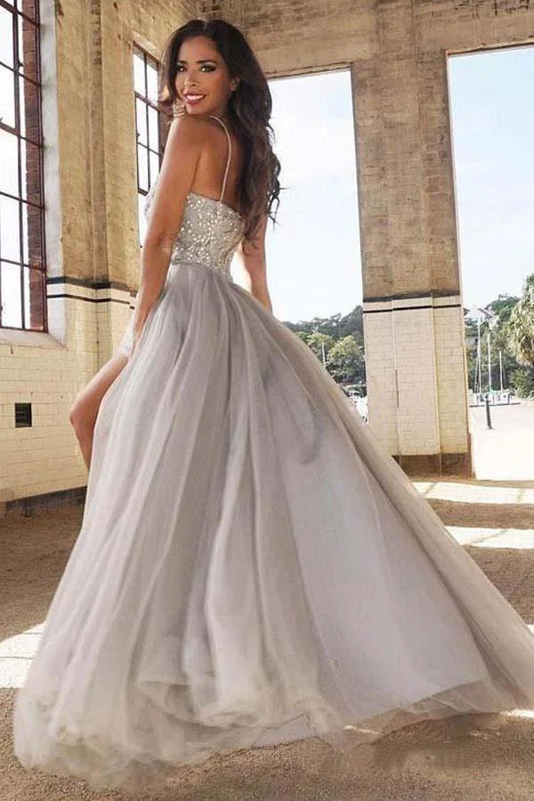 Robe de bal trapèze en tulle à perles scintillantes gris argenté pâle | Robe de remise des diplômes