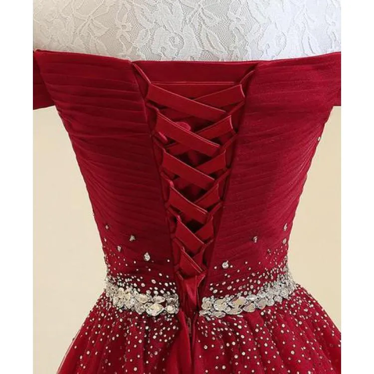 Robe de bal en tulle rouge à épaules dénudées | Robe de danse de 8e année