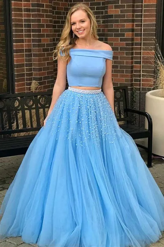 Robe de bal longue en Tulle bleu, deux pièces, épaules dénudées, jupe longue de remise de diplôme, GDC1277