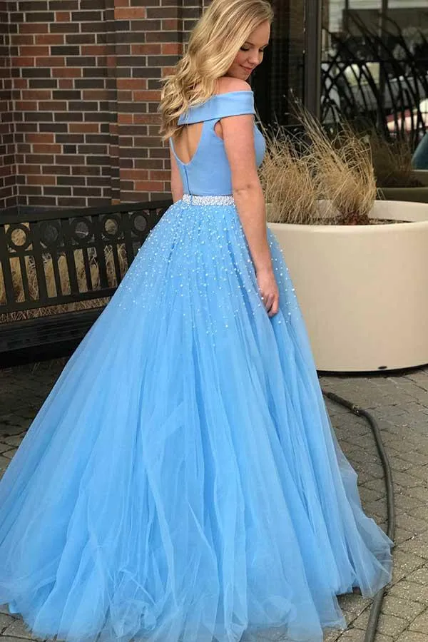 Robe de bal longue en Tulle bleu, deux pièces, épaules dénudées, jupe longue de remise de diplôme, GDC1277