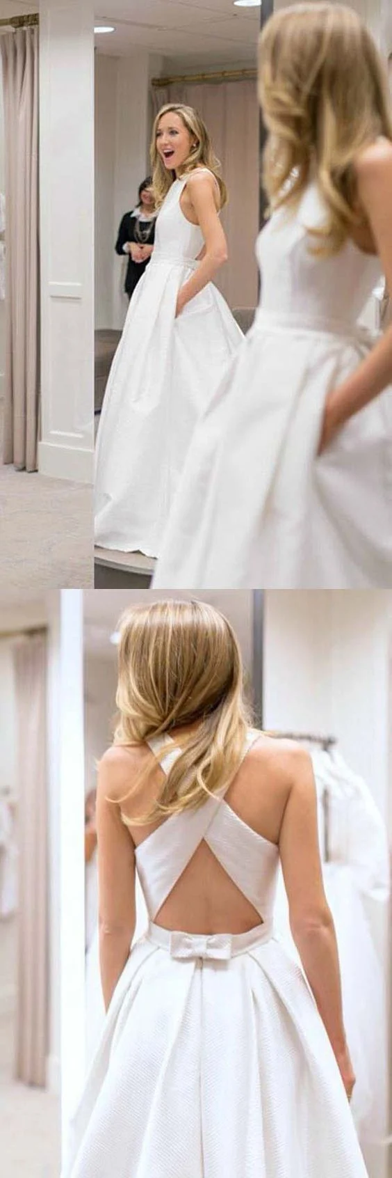Robe de mariée simple, dos croisé, modeste, unie, avec poches et petit nœud au dos