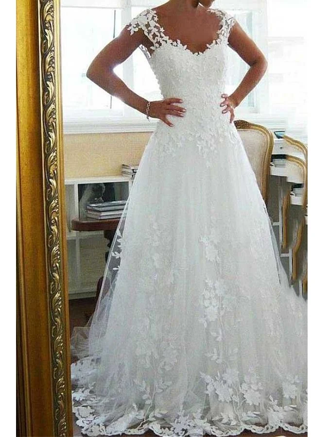 Robe de mariée longue trapèze en dentelle vintage parfaite avec dos ouvert