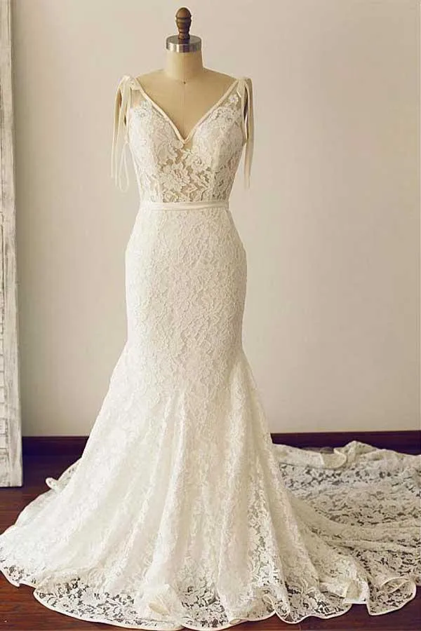 Vintage dentelle voir si col en V gaine robe de mariée dentelle robe de mariée