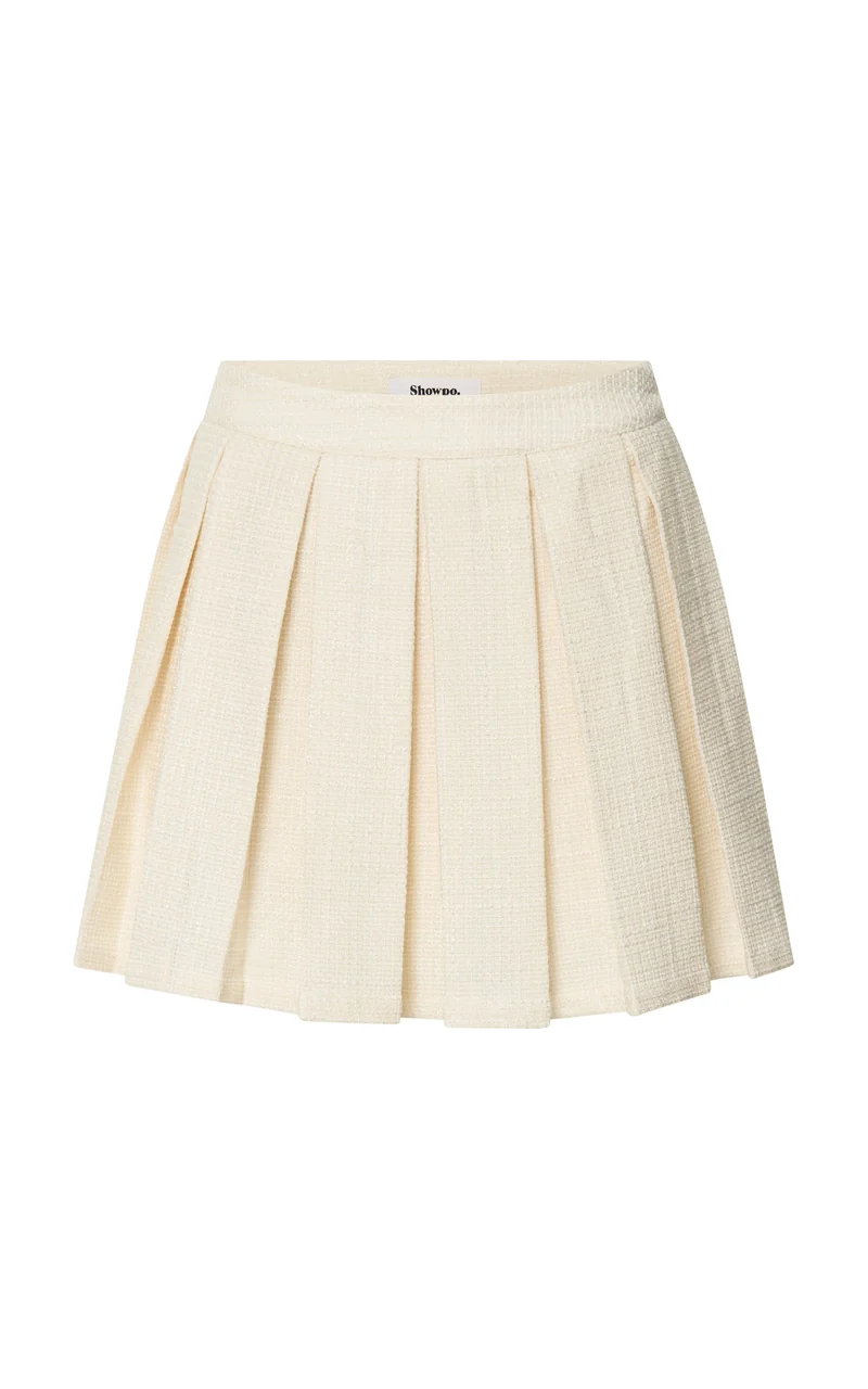 Maggie Mini Skirt - Pleated Mid Rise Boucle Skirt in Cream