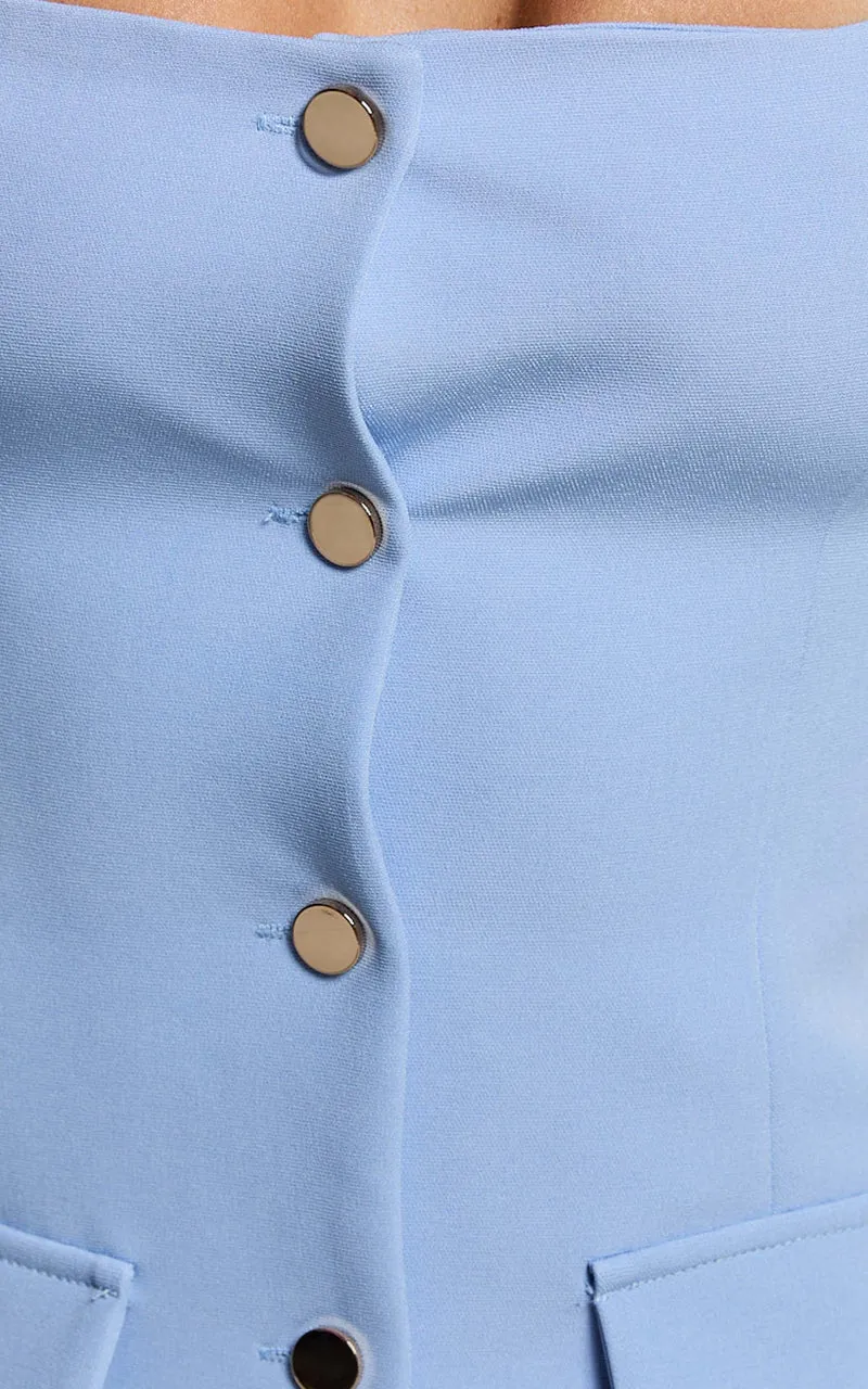 Kenna Mini Dress - Square Neck Button Down Mini Dress in Powder Blue
