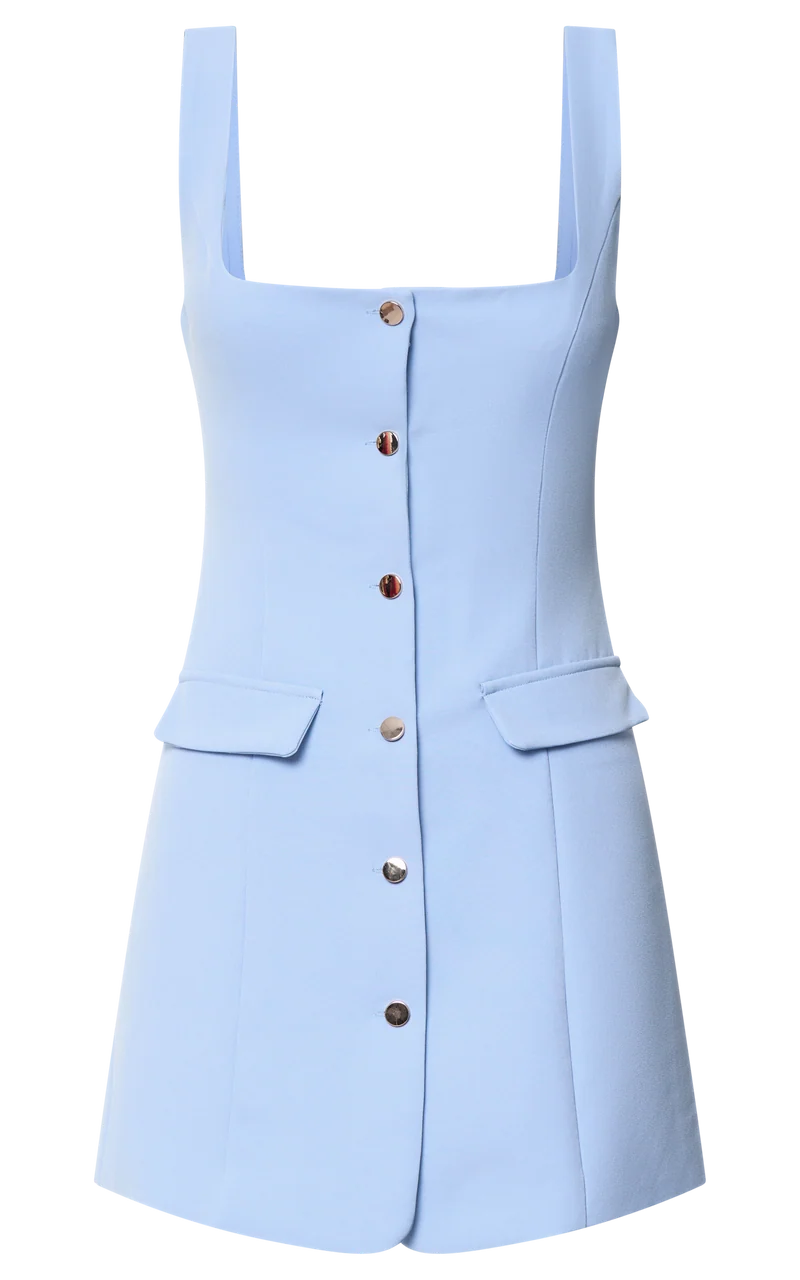 Kenna Mini Dress - Square Neck Button Down Mini Dress in Powder Blue