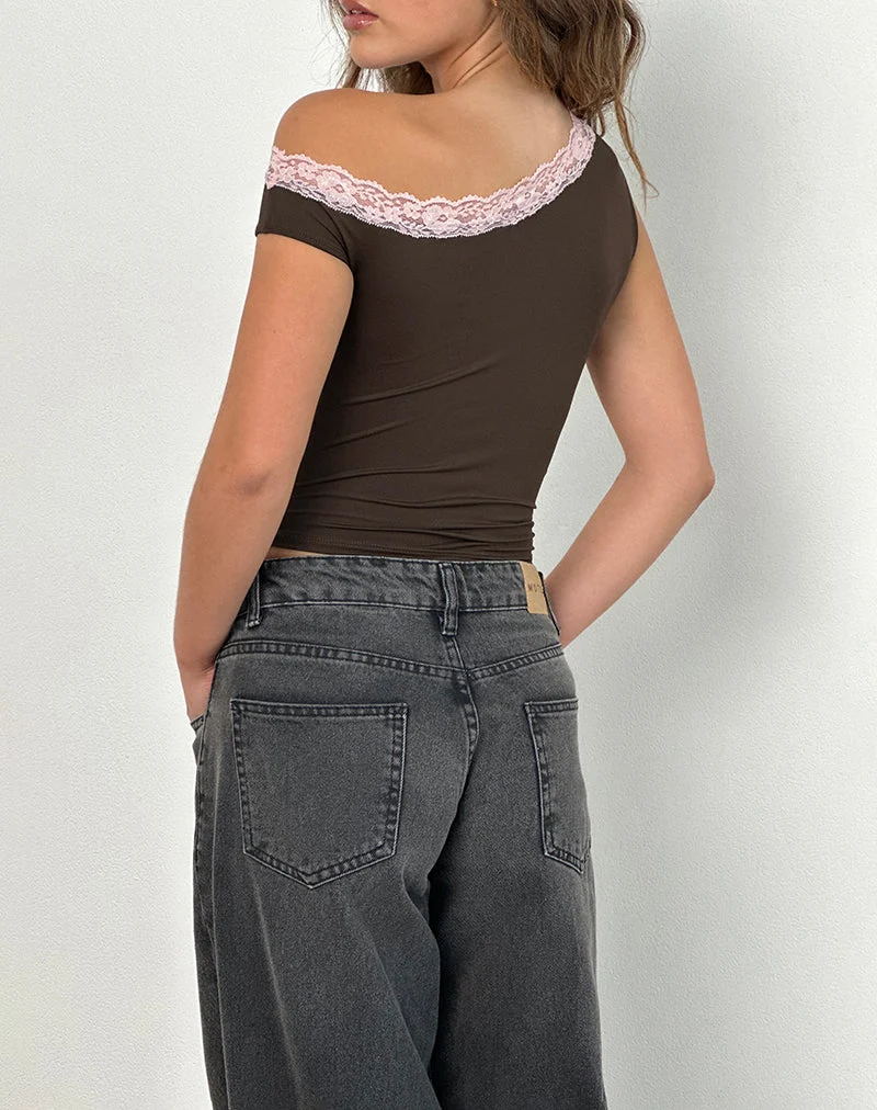Soleh One Shoulder Top in Brown Slinky with Pink Lace (Top asymétrique marron avec dentelle rose)