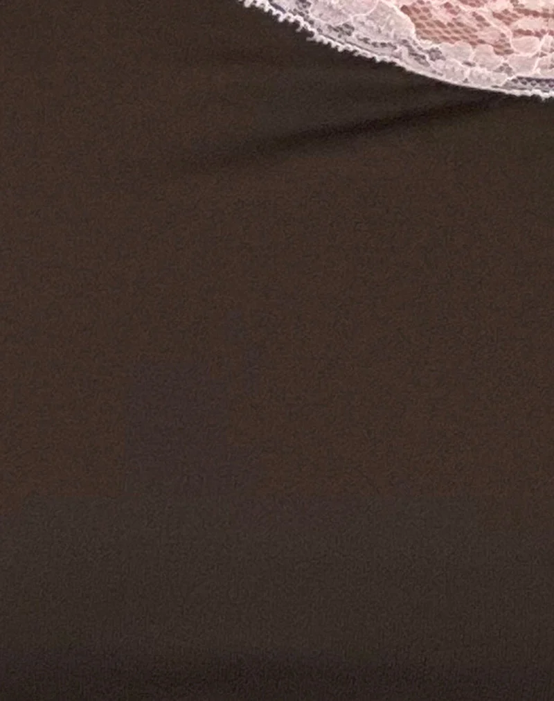 Soleh One Shoulder Top in Brown Slinky with Pink Lace (Top asymétrique marron avec dentelle rose)