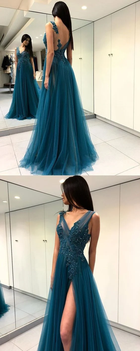 Robe de bal en Tulle vert sarcelle, col en V, ligne A, avec fente latérale, nouvelle collection, GDC1101