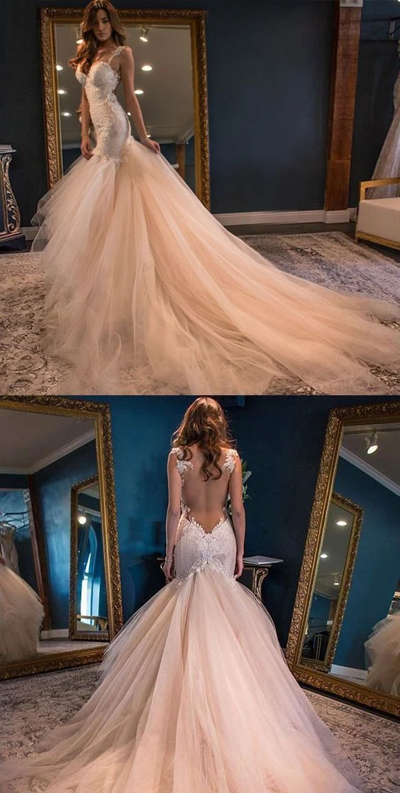 Robe de mariée en tulle et dentelle à couper le souffle, princesse sirène, dos nu, pays