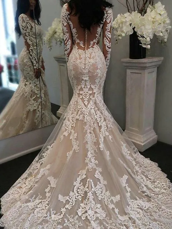 Robe de mariée sirène en dentelle, d'inspiration vintage, col en V, manches longues, manches longues