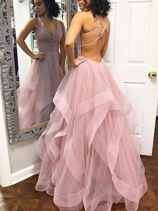Robe de bal rose pâle dos nu à volants en tulle avec bas de bal | Robe longue formelle