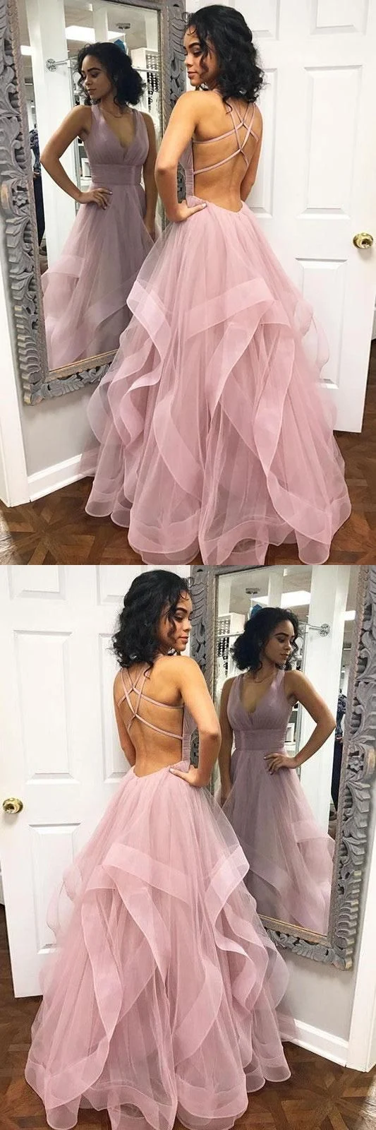 Robe de bal rose pâle dos nu à volants en tulle avec bas de bal | Robe longue formelle