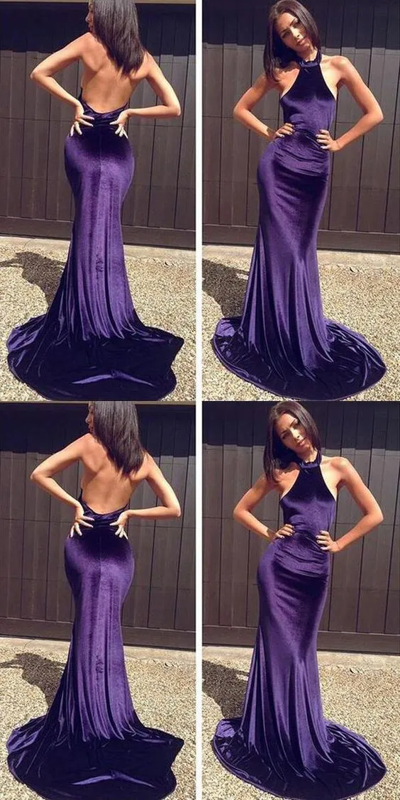 Robe de bal licou sirène en velours violet, robe d'occasion formelle