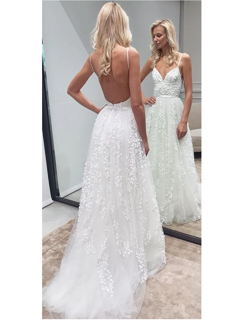 Robe de mariée trapèze en tulle, simple et rustique, fleurs 3D, dos nu
