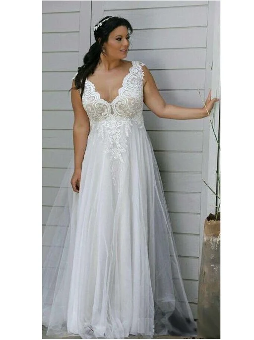 Robe de mariée trapèze en tulle, col en V, grande taille, haut avec appliques en dentelle